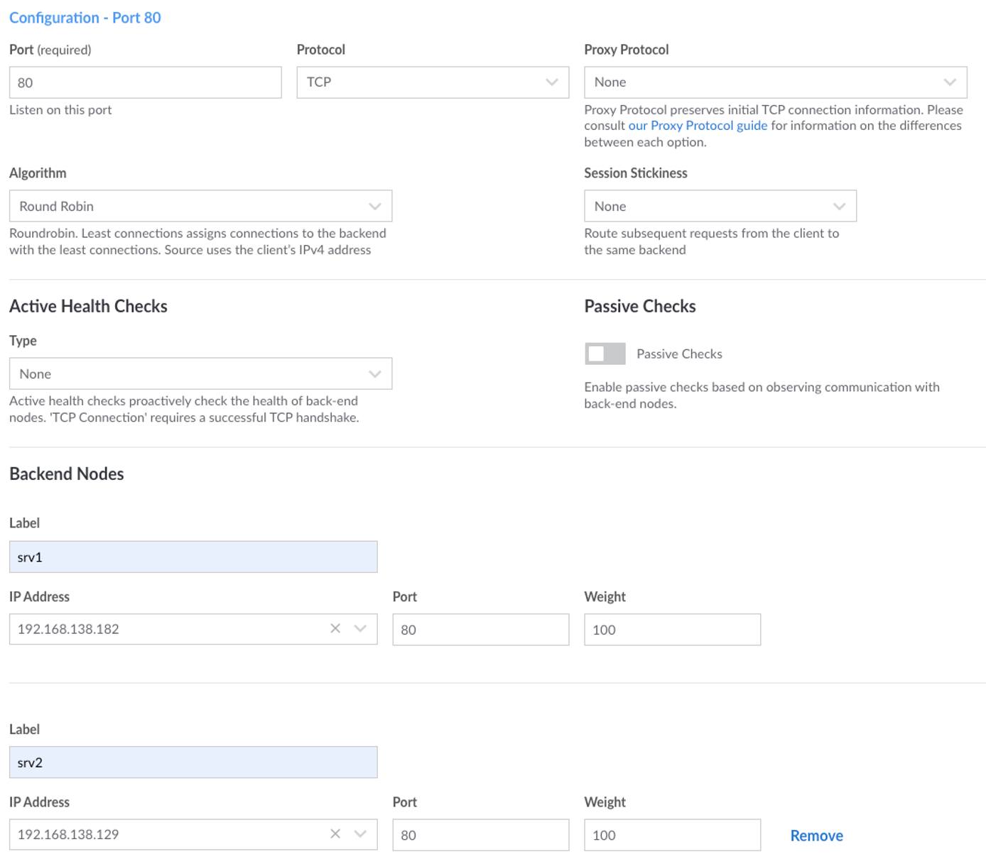 The NodeBalancer configuration screen after making the indicated changes.