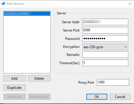 New server configuration dialog