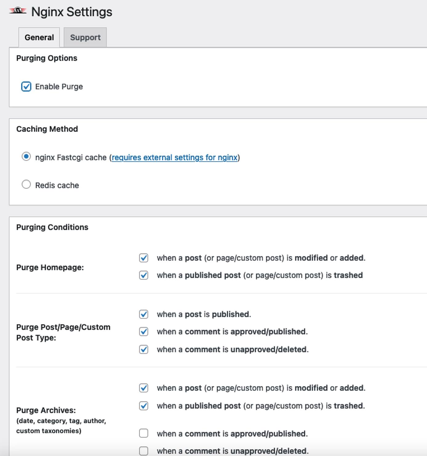 Configure the Nginx Helper settings