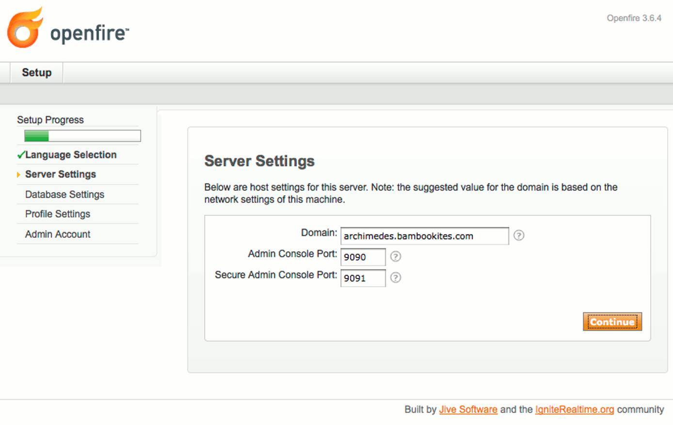 Domain and admin ports selection in Openfire setup on Ubuntu 9.10 (Karmic).