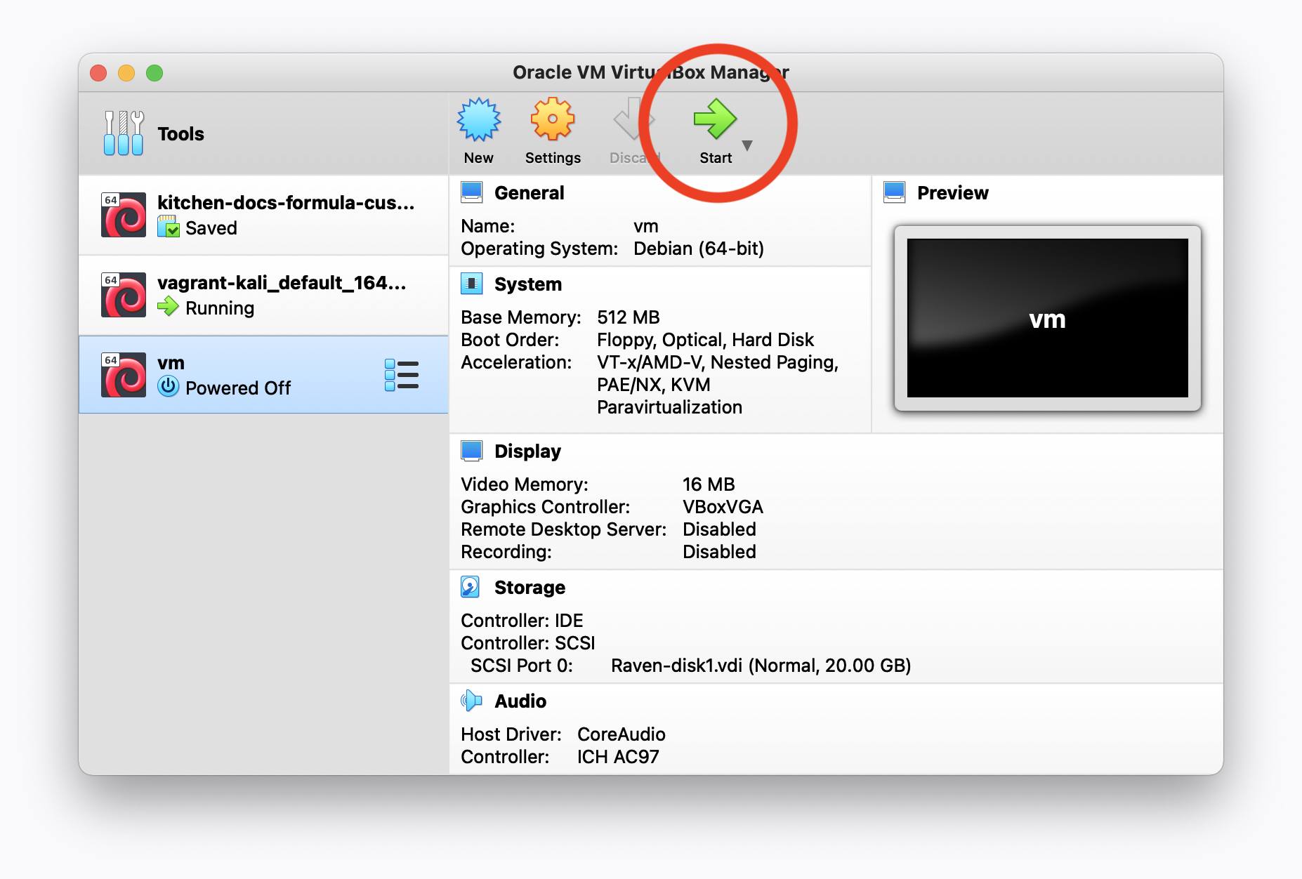 VirtualBox VM List - Raven VM Start Button Highlighted