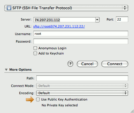 Additional connection options in Cyberduck on Mac OS X.