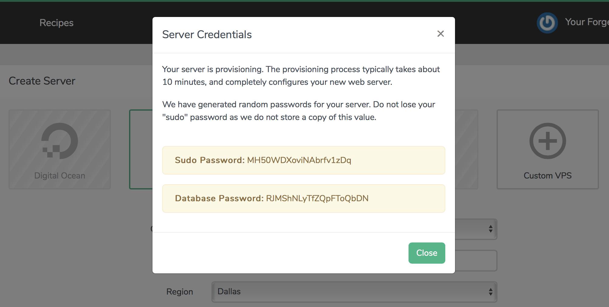 Server Credential Pop-up Dialog