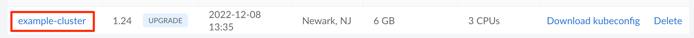 Screenshot of a Kubernetes cluster entry in Cloud Manager