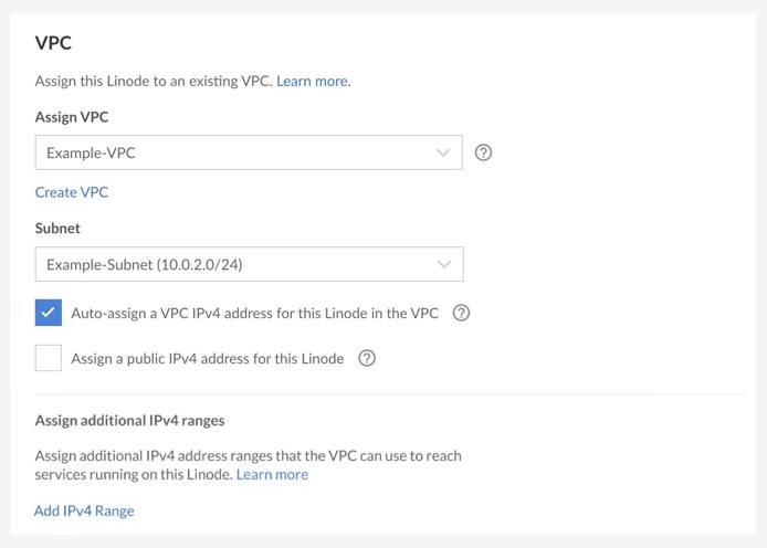 Screenshot of the VPC section of the Create Linode screen in Cloud Manager