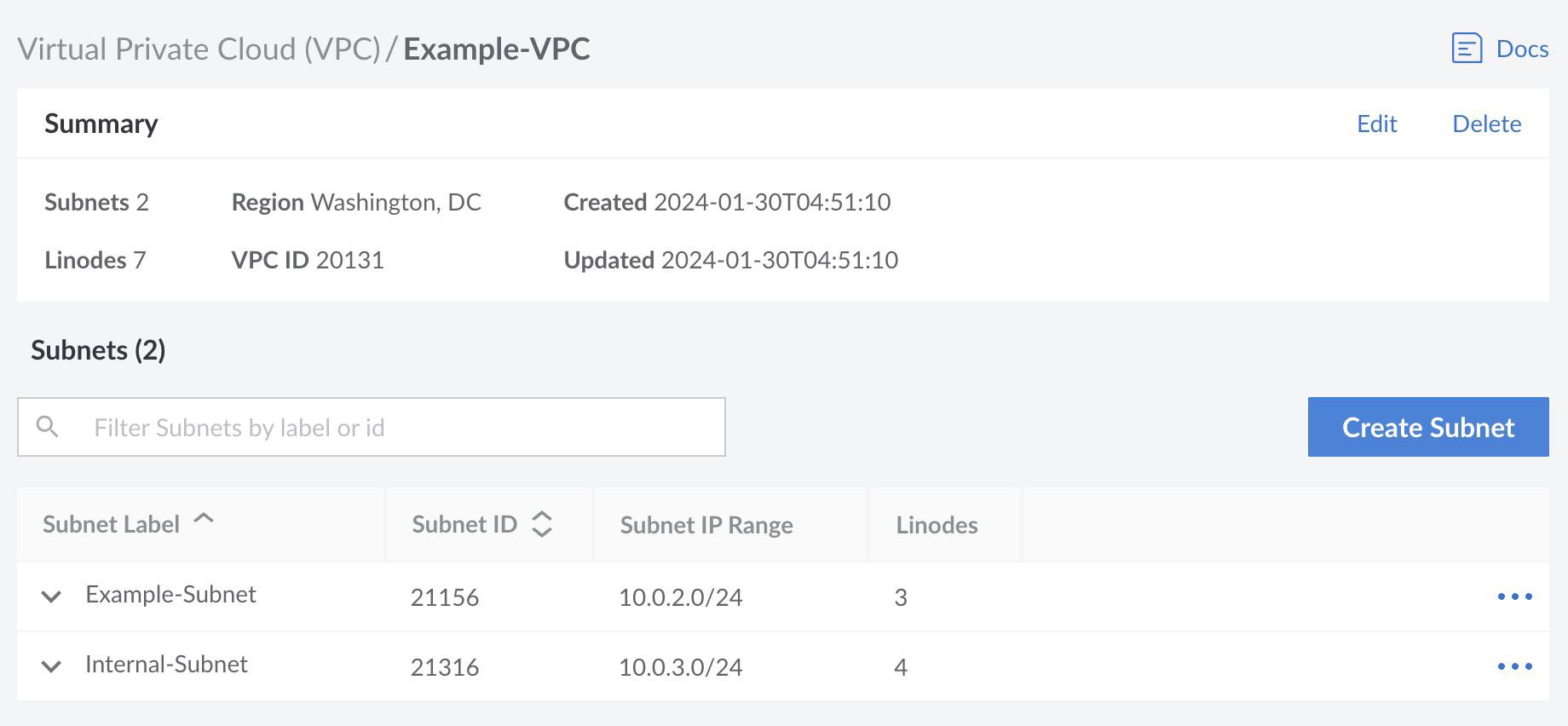 Screenshot of the VPC summary in Cloud Manager