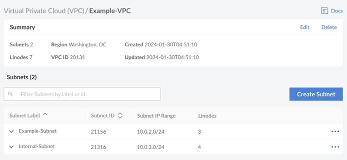 Screenshot of the VPC summary in Cloud Manager