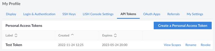 Screenshot of personal access tokens in Cloud Manager
