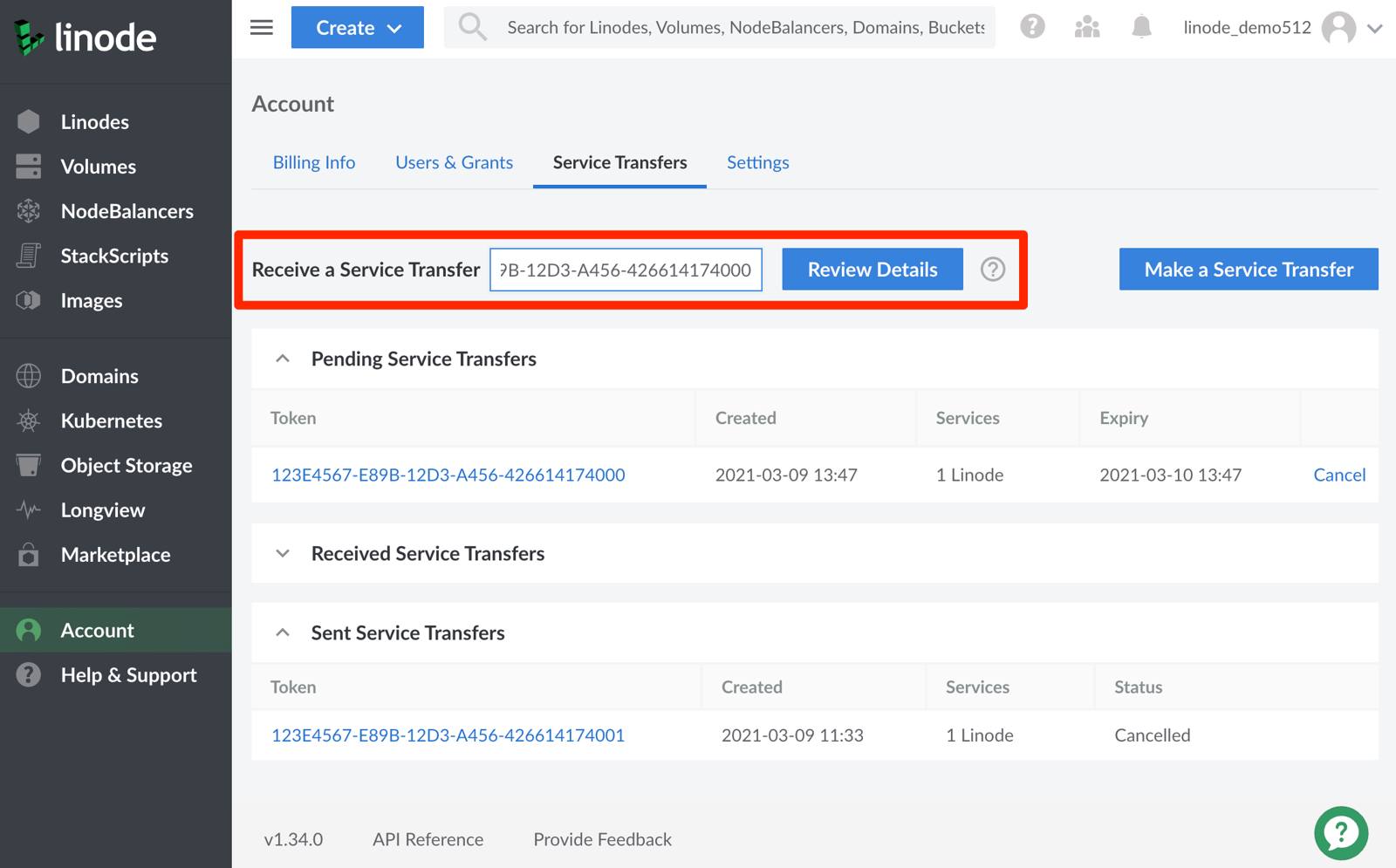 Review the summary of Linode services to be transferred before accepting.